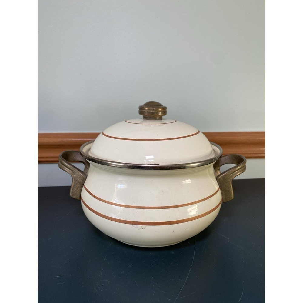 Vintage M. Kamenstein Enamel Brass Beige Brown Stripe 7"Casserole Pot w/ Lid